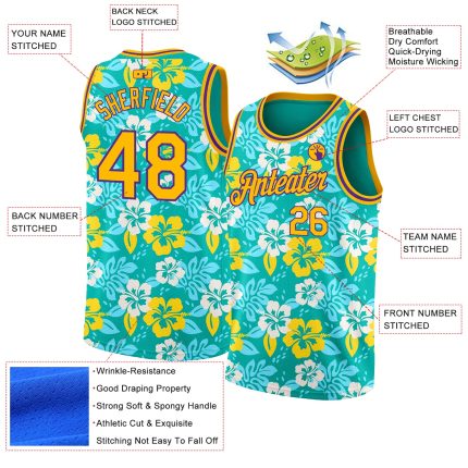 Custom Name and Number Basketball Jersey - Personalized Aqua Gold-Purple 3D Pattern Hawaii Flowers Authentic Sports Apparel