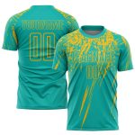 Custom Name and Number Aqua Gold Soccer Jersey - Personalized Sublimation Team Uniform Personalized Aqua Gold Sublimation