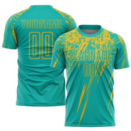 Custom Name and Number Aqua Gold Soccer Jersey - Personalized Sublimation Team Uniform Personalized Aqua Gold Sublimation