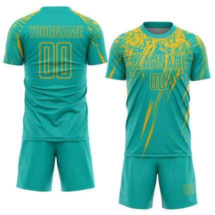 Custom Name and Number Aqua Gold Soccer Jersey - Personalized Sublimation Team Uniform Personalized Aqua Gold Sublimation