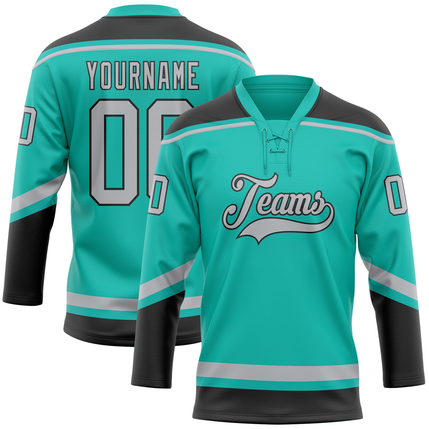Custom Name and Number Aqua Gray-Black Hockey Jersey Lace Neck Personalized Team Apparel Personalized Aqua Gray-Black Hockey
