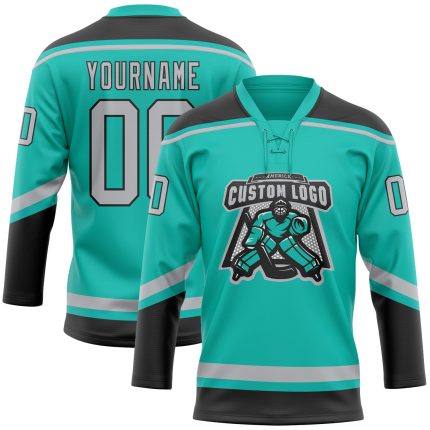 Personalized Aqua Gray Black Hockey Jersey with Lace Neck Design Personalized Aqua Gray-Black Hockey Lace Neck Jersey