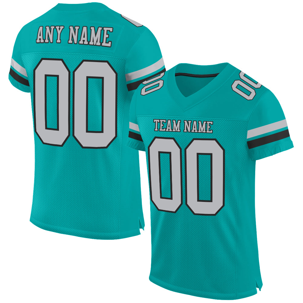 Custom Name and Number Football Jersey - Personalized Aqua Gray Black Mesh Authentic Team Jersey Personalized Aqua Gray-Black