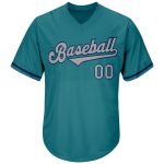 Custom Name and Number Aqua Gray-Navy Authentic Rib-Knit Baseball Jersey Shirt - Personalized Team Apparel Personalized Aqua