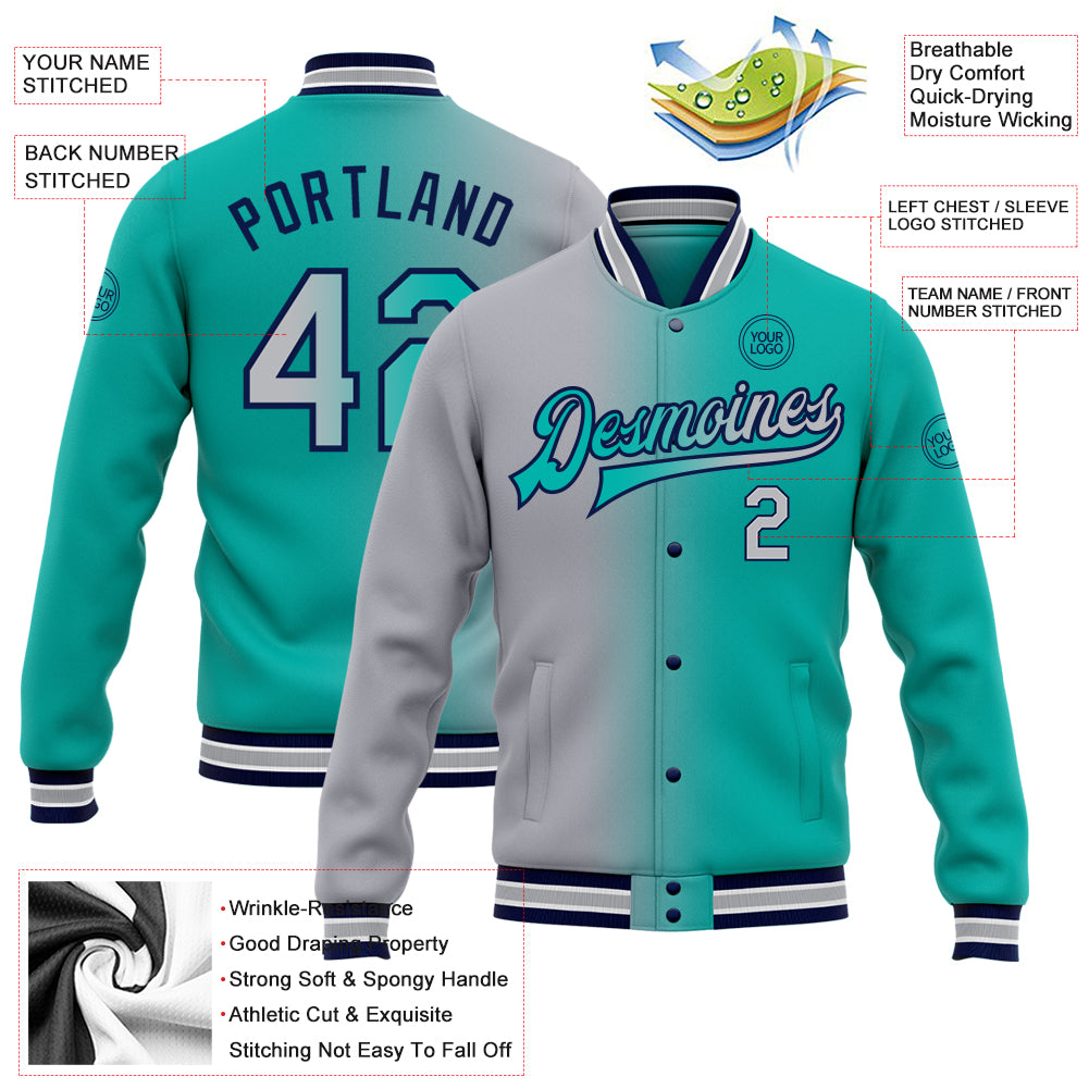 Personalized Aqua Gray-Navy Bomber Full-Snap Varsity Letterman Gradient Fashion Jacket Personalized Gradient Aqua Gray Navy Bomber Varsity Jacket Full-Snap Fashion Outerwear Personalized Aqua Gray-Navy Bomber - Image 5