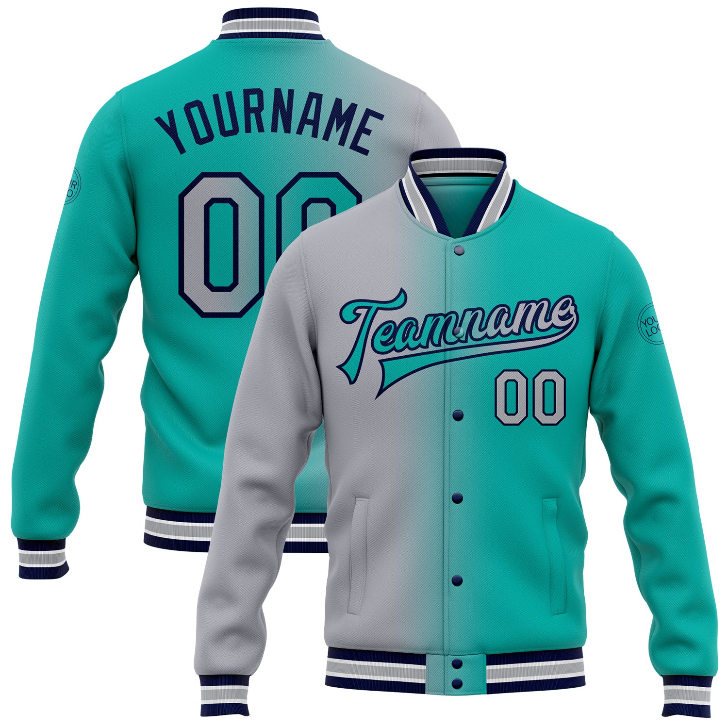 Custom Name and Number Aqua Gray-Navy Varsity Letterman Jacket Bomber Fashion Full-Snap Gradient Design Personalized Aqua