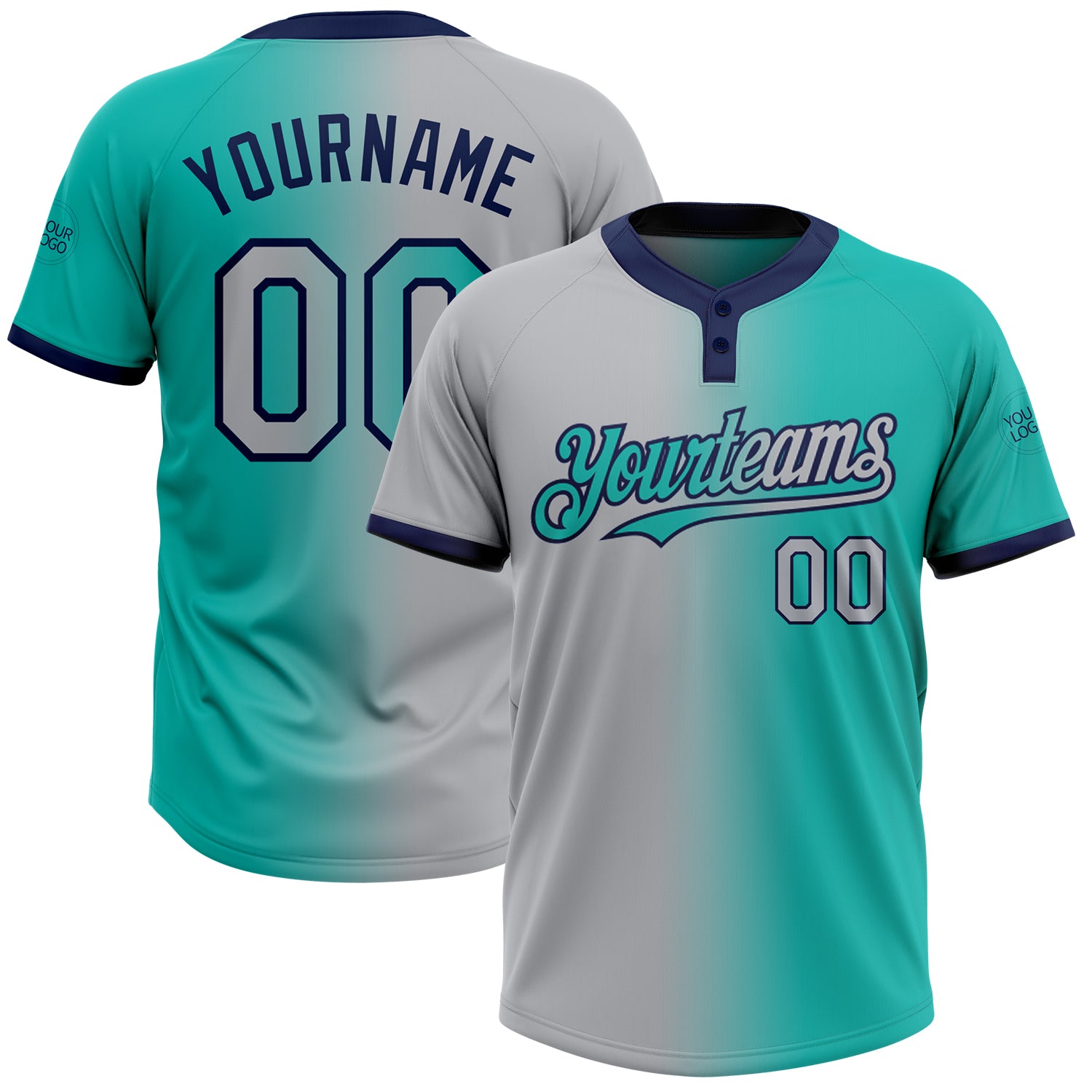 Custom Name and Number Unisex Softball Jersey - Personalized Aqua Gray-Navy Gradient Two-Button Fashion Design Personalized