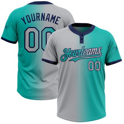 Personalized Aqua Gray-Navy Gradient Fashion Two-Button Unisex Jersey for Softball Personalized Aqua Gray-Navy Gradient Fashion