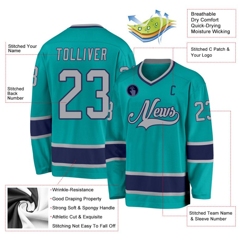 Custom Aqua Gray-Navy Hockey Jersey - Personalized Sports Apparel for Fans Personalized Aqua Gray-Navy Hockey Jersey