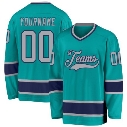 Custom Aqua Gray-Navy Hockey Jersey - Personalized Sports Apparel for Fans Personalized Aqua Gray-Navy Hockey Jersey
