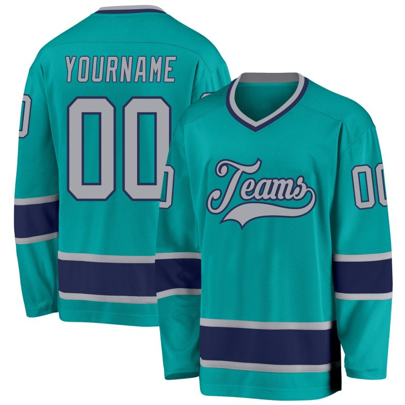 Custom Aqua Gray-Navy Hockey Jersey - Personalized Sports Apparel for Fans Personalized Aqua Gray-Navy Hockey Jersey