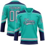Custom Aqua Gray-Navy Hockey Jersey - Personalized Lace Neck with Team Name & Number Personalized Aqua Gray-Navy Hockey Lace