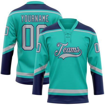 Custom Aqua Gray-Navy Hockey Jersey - Personalized Lace Neck with Team Name & Number Personalized Aqua Gray-Navy Hockey Lace