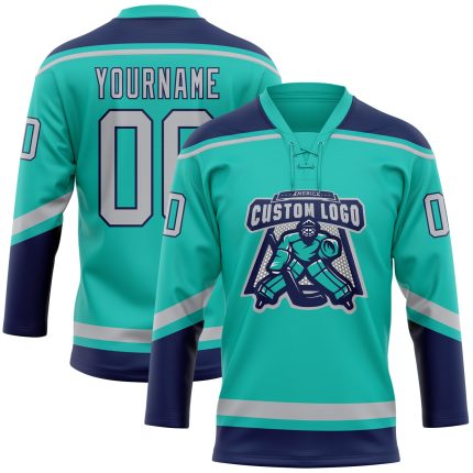 Custom Aqua Gray-Navy Hockey Jersey - Personalized Lace Neck with Team Name & Number Personalized Aqua Gray-Navy Hockey Lace
