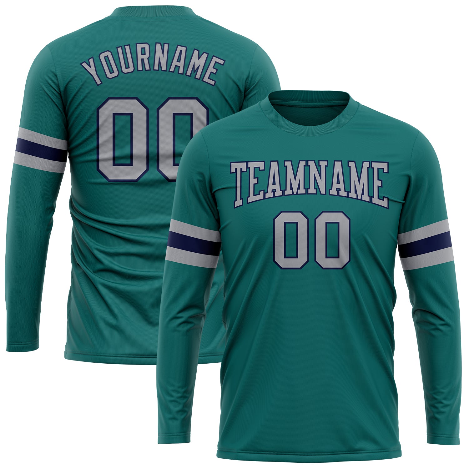 Custom Team Performance T-Shirt with Personalized Name & Number - Aqua Gray-Navy Long Sleeve Personalized Aqua Gray-Navy