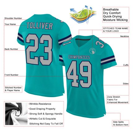 Custom Aqua Gray-Navy Mesh Football Jersey with Personalized Name and Number - Authentic Team Apparel Personalized Aqua Gray-Navy