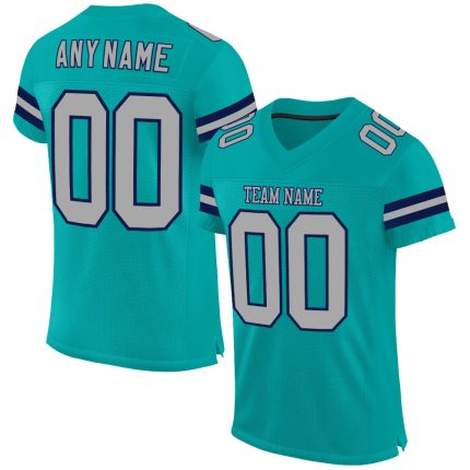 Personalized Aqua Gray Navy Mesh Football Jersey for Men and Women, Custom Sports Apparel Personalized Aqua Gray-Navy Mesh