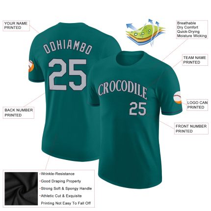 Custom Team Name and Number Performance T-Shirt in Aqua Gray-Navy - Personalized Sports Tee Personalized Aqua Gray-Navy Performance