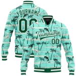 Personalized Aqua Green Hawaii Palm Trees Bomber Jacket 3D Full-Snap Varsity Letterman Personalized Aqua Kelly Green-White