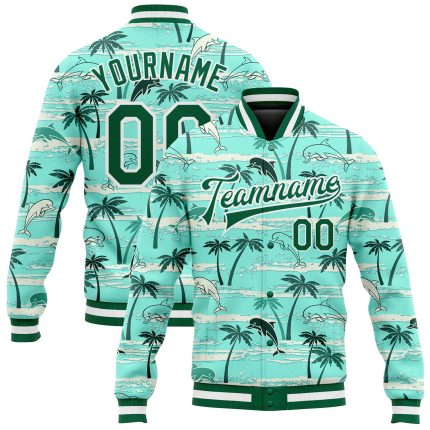 Personalized Aqua Green Hawaii Palm Trees Bomber Jacket 3D Full-Snap Varsity Letterman Personalized Aqua Kelly Green-White