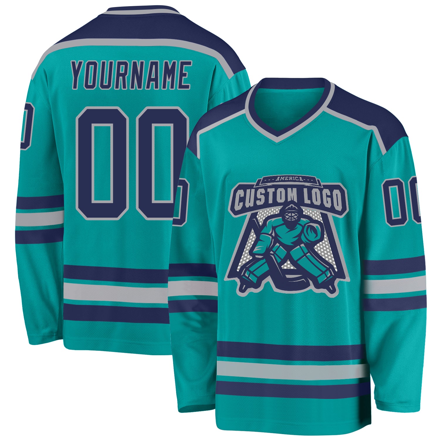 Custom Name and Number Hockey Jersey in Aqua Navy-Gray - Personalized Team Apparel Personalized Aqua Navy-Gray Hockey Jersey