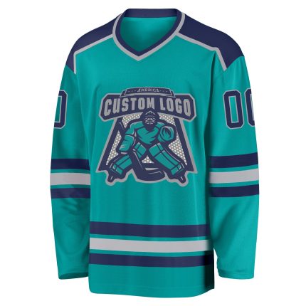 Custom Aqua Navy-Gray Hockey Jersey for Men and Women - Personalized Sports Apparel Personalized Aqua Navy-Gray Hockey Jersey