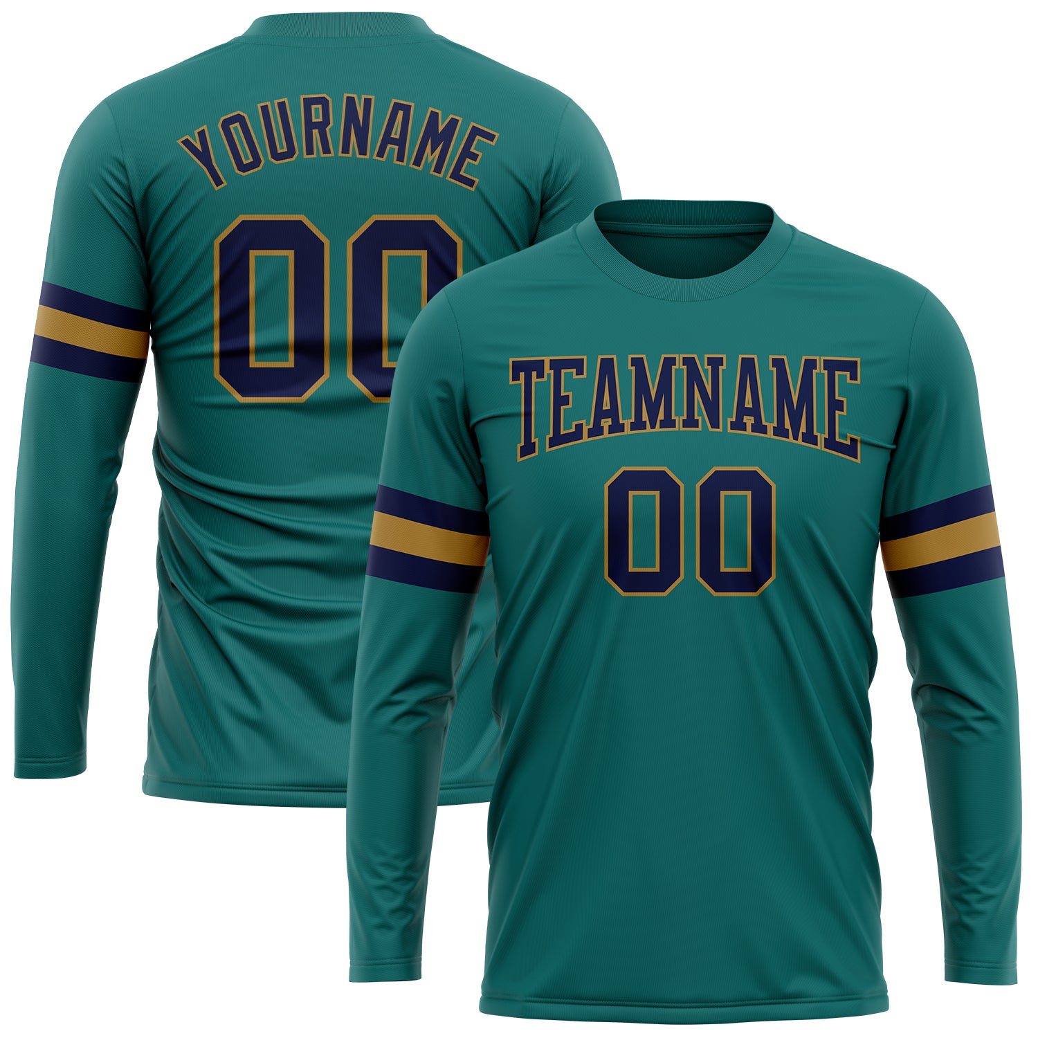 Custom Name and Number Performance T-Shirt in Aqua Navy and Old Gold - Long Sleeve Team Apparel Personalized Aqua Navy-Old