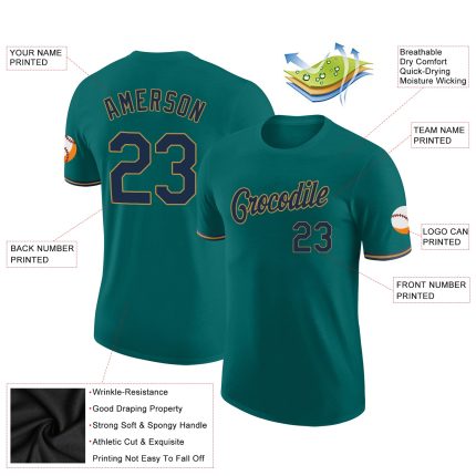 Custom Name and Number Performance T-Shirt in Aqua Navy-Old Gold for Team Sports Personalized Aqua Navy-Old Gold Performance