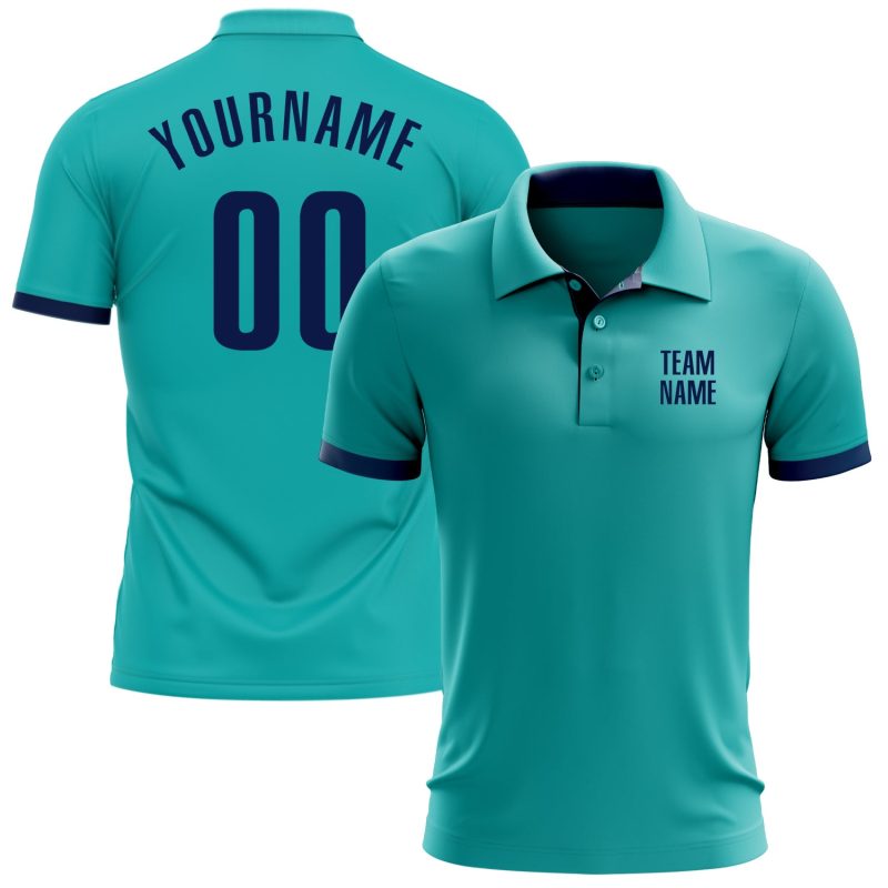 Custom Personalized Aqua Navy Golf Polo Shirt with Team Name and Number Personalized Aqua Navy Performance Golf Polo Shirt