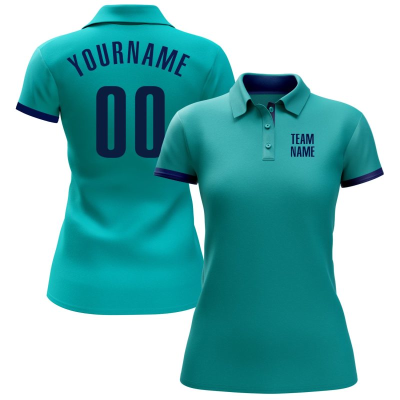Custom Personalized Aqua Navy Golf Polo Shirt with Team Name and Number Personalized Aqua Navy Performance Golf Polo Shirt