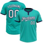 Personalized Aqua Navy Pinstripe Softball Jersey Unisex Two-Button Design Personalized Aqua Navy Pinstripe White Two-Button