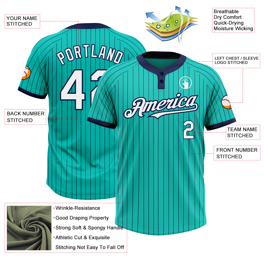 Personalized Aqua Navy Pinstripe Softball Jersey Unisex Two-Button Design Personalized Aqua Navy Pinstripe White Two-Button - Image 3