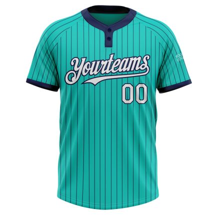 Custom Name and Number Softball Jersey - Personalized Aqua Navy Pinstripe Unisex Two-Button Design Personalized Aqua Navy