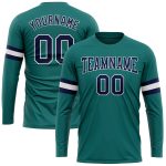 Personalized Aqua Navy White Long Sleeve Performance T-Shirt for Men and Women Personalized Aqua Navy-White Long Sleeve Performance