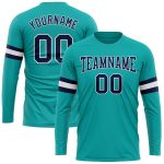 Personalized Aqua Navy White Long Sleeve Performance T-Shirt for Men and Women Personalized Aqua Navy-White Long Sleeve Performance