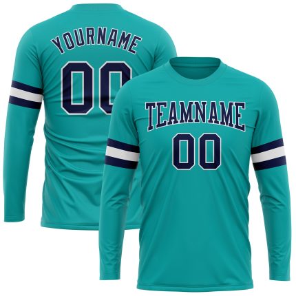 Personalized Aqua Navy White Long Sleeve Performance T-Shirt for Men and Women Personalized Aqua Navy-White Long Sleeve Performance