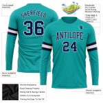 Personalized Aqua Navy White Long Sleeve Performance T-Shirt for Men and Women Personalized Aqua Navy-White Long Sleeve Performance