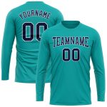 Personalized Aqua Navy White Long Sleeve Performance T-Shirt for Men and Women Personalized Aqua Navy-White Long Sleeve Performance