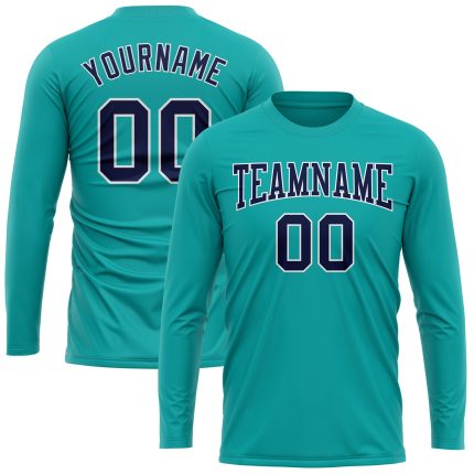 Personalized Long Sleeve Performance T-Shirt in Aqua Navy-White for Men Personalized Aqua Navy-White Long Sleeve Performance