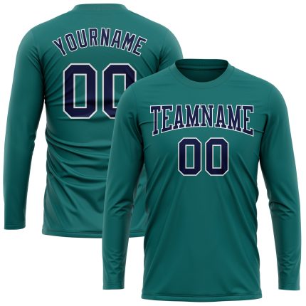 Personalized Aqua Navy White Long Sleeve Performance T-Shirt for Men and Women Personalized Aqua Navy-White Long Sleeve Performance