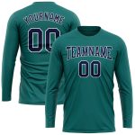 Custom Aqua Navy-White Long Sleeve Performance T-Shirt with Team Name and Number - Personalized Sportswear Personalized Aqua