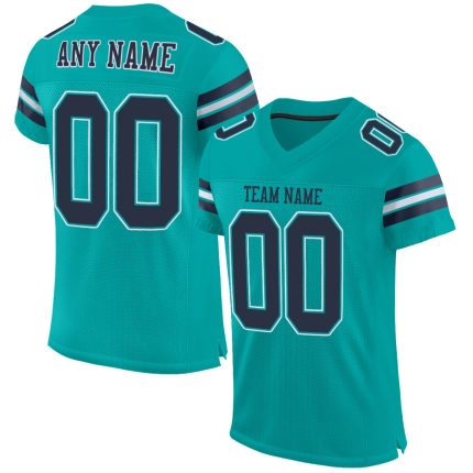 Custom Name and Number Aqua Navy-White Mesh Football Jersey - Personalized Authentic Team Jersey Personalized Aqua Navy-White