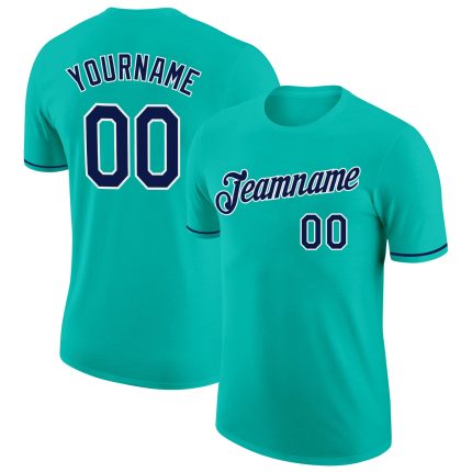 Personalized Aqua Navy White Mens Performance T-Shirt - Custom Sports Tee Personalized Aqua Navy-White Performance T-Shirt