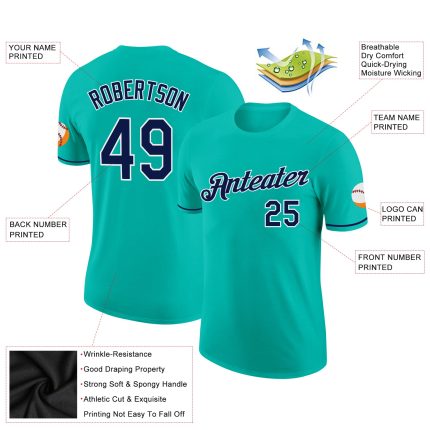 Custom Name and Number Aqua Navy-White Performance T-Shirt for Teams - Personalized Athletic Tee Personalized Aqua Navy-White
