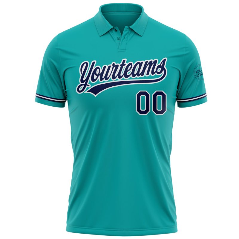 Personalized Aqua Navy-White Performance Golf Polo Shirt for Men - Comfortable and Stylish Golf Apparel Personalized Aqua