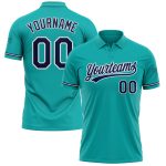Custom Personalized Navy-White Aqua Performance Golf Polo Shirt with Team Name and Number Personalized Aqua Navy-White Performance