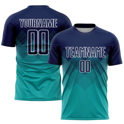 Custom Name and Number Aqua Navy-White Soccer Jersey Uniform - Personalized Sublimation Team Apparel Personalized Aqua Navy-White