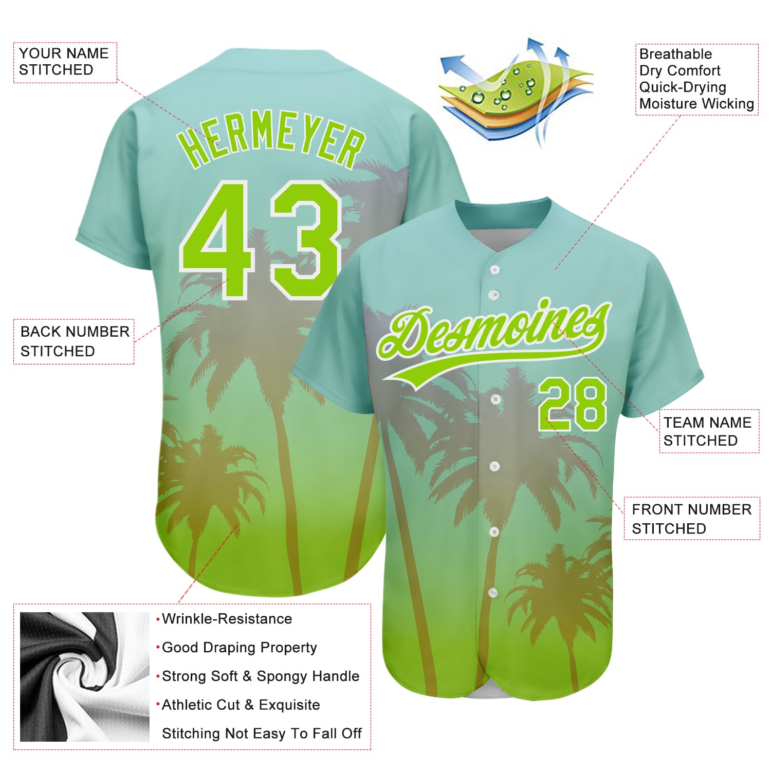 Personalized Neon Green White 3D Hawaii Palm Trees Baseball Jersey Personalized Aqua Neon Green-White 3D Hawaii Palm Trees - Image 3