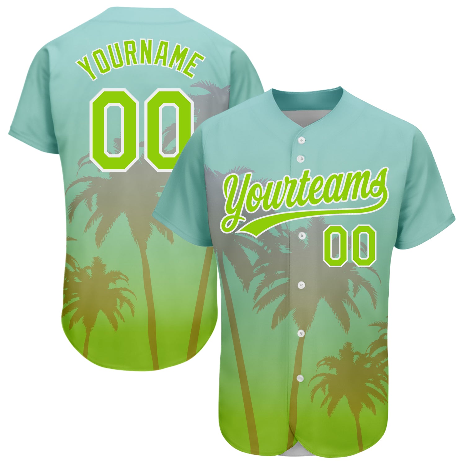 Custom Personalized Hawaii Baseball Jersey with Aqua Neon Green-White 3D Palm Tree Design, Custom Name & Number Personalized