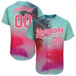 Personalized Neon Pink White Aqua 3D Baseball Jersey with Hawaii Palm Leaves Personalized Aqua Neon Pink-White 3D Hawaii